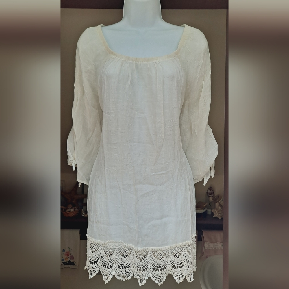 BOBEAU Ivory Gauze Blouse Crochet Fringe Tie Sleeves Tunic Top 1X